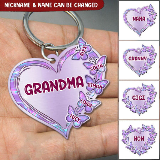 Grandma-Mom Violet Heart Butterfly Kids Mother's Day Personalized Acrylic Keychain KO0315