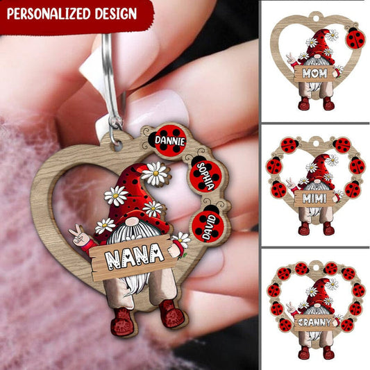 Nana Mom Grandma's Love Bugs Mother's Day Gift Gnome Flowers Custom Names Heart Wooden Keychain KO0290