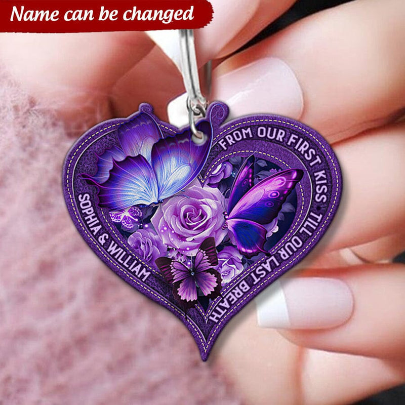 From Our First Kiss Till Our Last Breath Butterfly Couple Leather Pattern Personalized Acrylic Couple Keychain KO0119