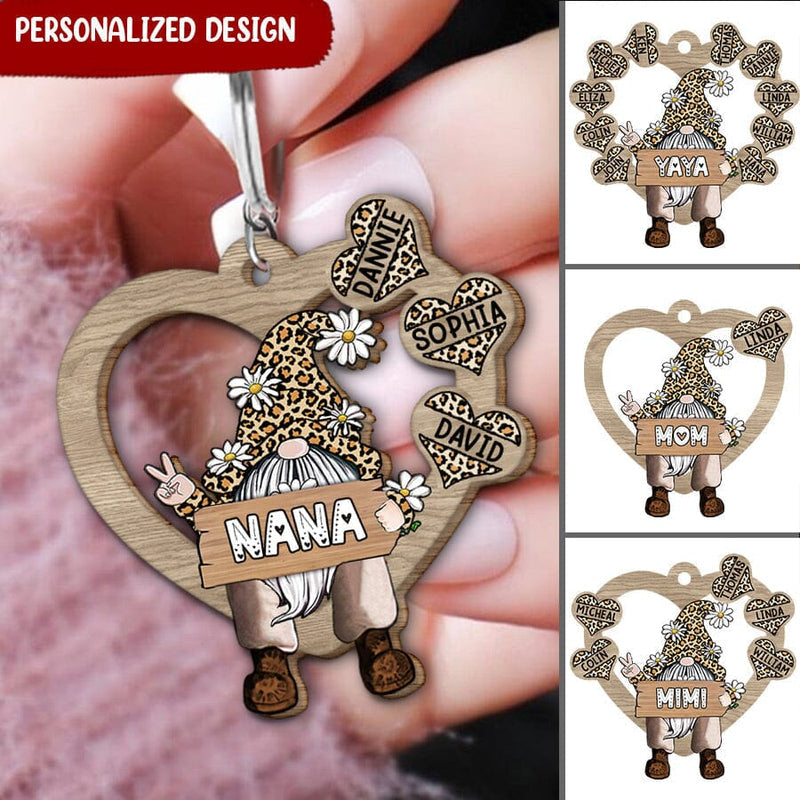 Grandma Mom Gnome Custom Names Mother's Day Gift Leopard Seamless Familia Gift Wooden Keychain KO0288