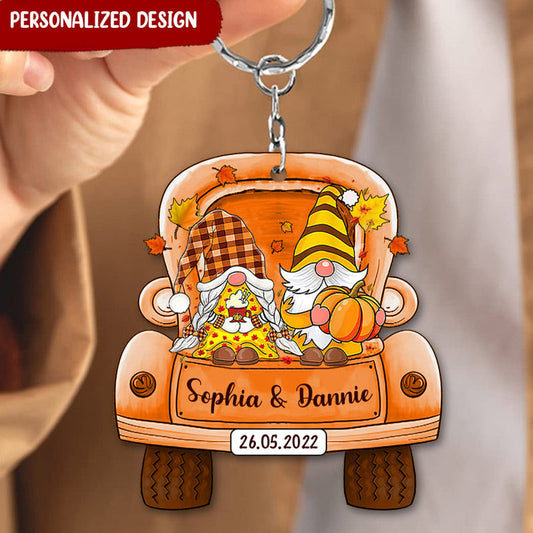 Fall Season, Lovely Couple Gnome On Truck, Gift For Her For Him Personalized Wooden Couple Keychain KO0110