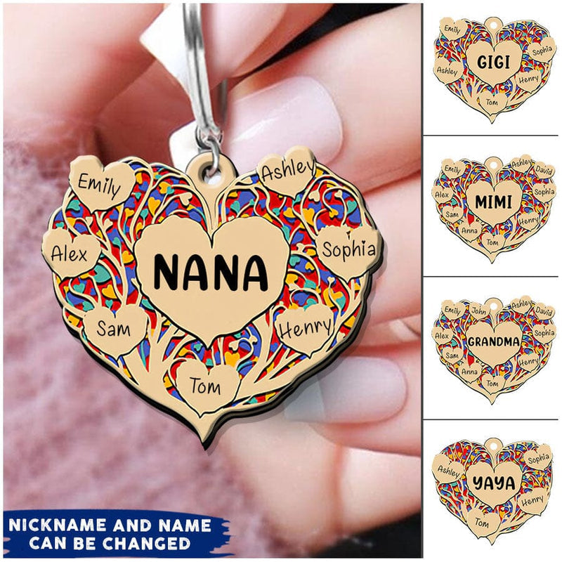 Love Tree Heart Grandma With Grandkids Personalized Wooden Keychain KO0291