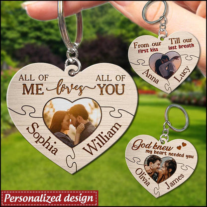 All Of Me Loves All Of You Custom Wooden Keychain, Custom Photo Couple Keychain KO0082