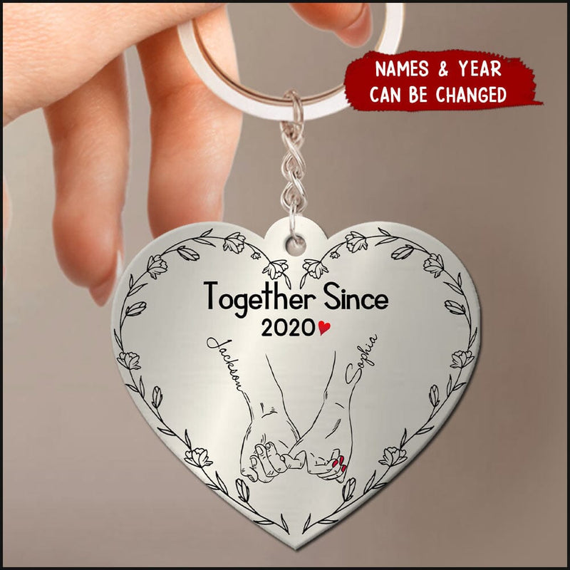 Together Since Year Pinky Promise Floral Background Heart Acrylic Shape Keychain, Gift for Couple KO0117