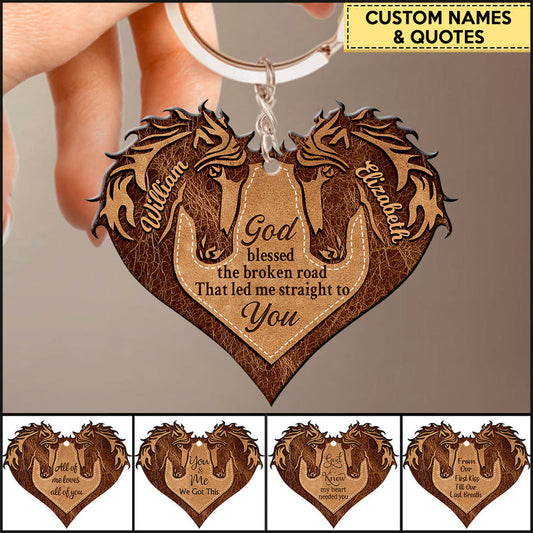 Brown Horse Couple Heart God Blessed Personalized Wooden Couple Keychain, Gift for Horse Lovers KO0123