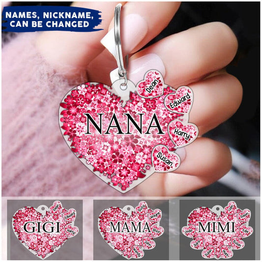 Personalized Grandma Mom Heart Grandkids Flower Acrylic Keychain KO0317