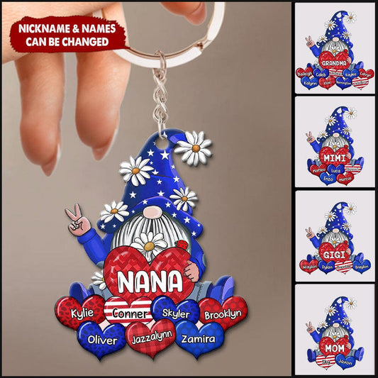 Grandma- Mom Gnome Loves Sweet Heart Kids, Happy Independence Day Personalized Acrylic Keychain KO0308