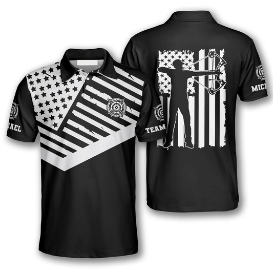 Black White American Flag Custom Archery Polo Shirts for Men, Flag American Archery Shirt AO0051