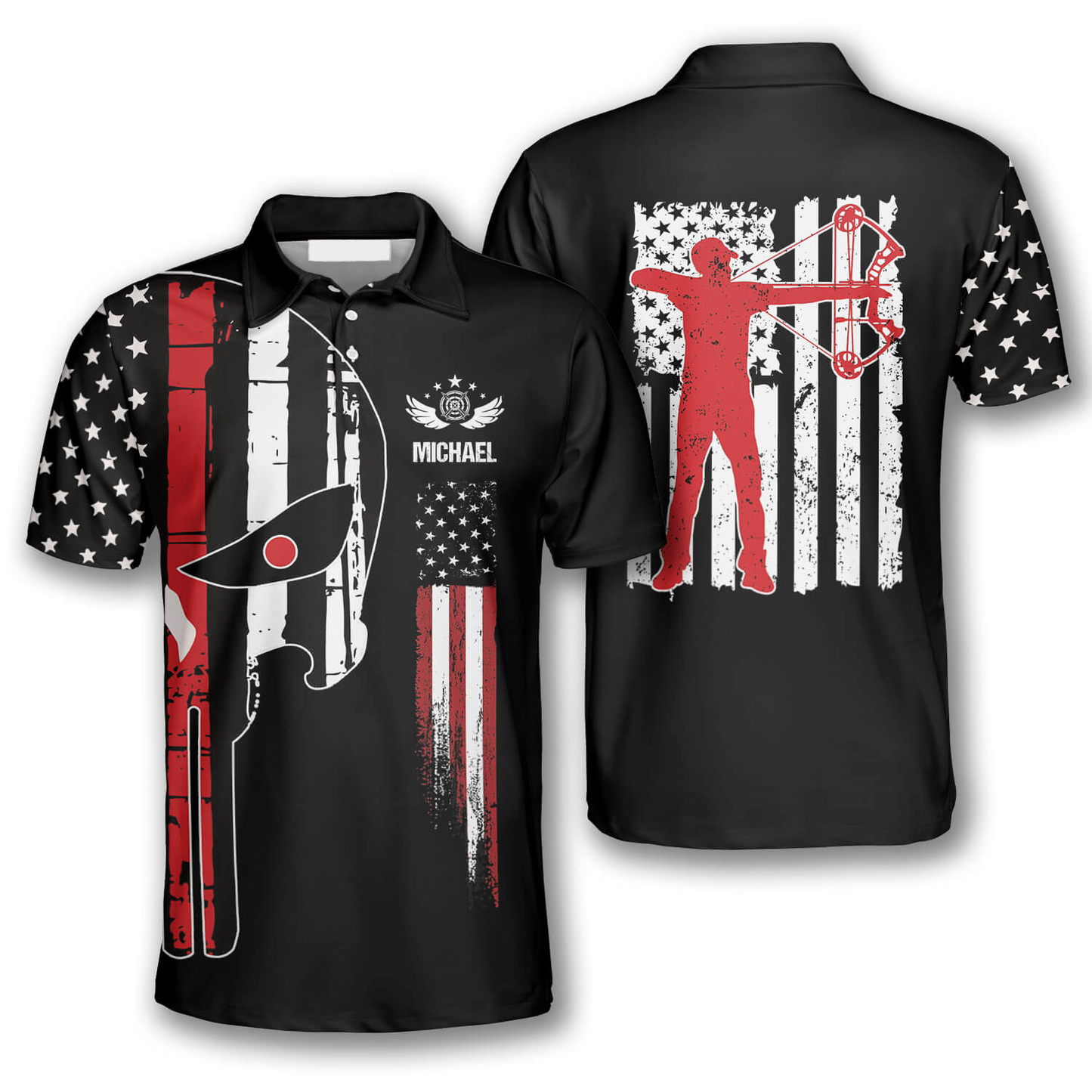 Punisher Skull American Flag American Custom Archery Polo Shirts for Men, Flag Shirt, Archery Shirt AO0062