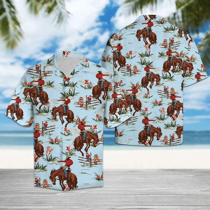 Awesome Cowboy With His Horse Blue Theme Hawaiian Shirt HO1775