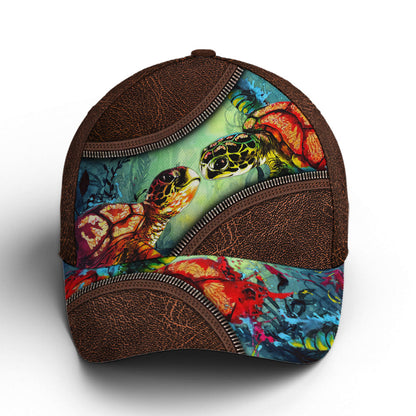 Sea Turtle Ocean Theme Leather Style Baseball Cap Lasfour CO0816