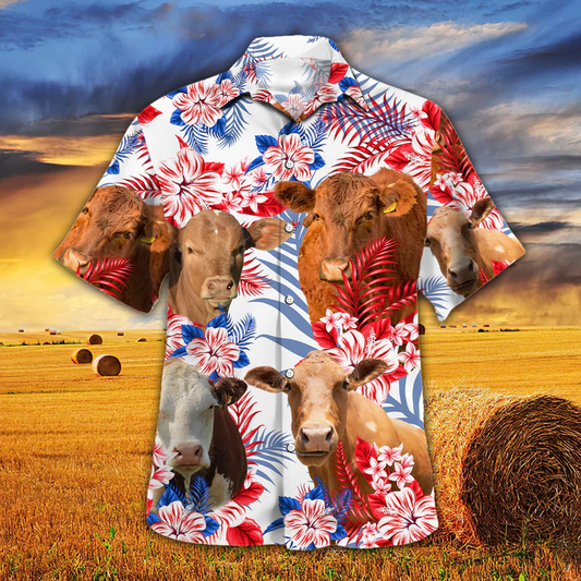 Beefmaster Cattle Lovers American Flag Hawaiian Shirt, Cow Hawaiian shirt vintage flower, Hawaiian shirt men, Hawaiian shirt women HO2620