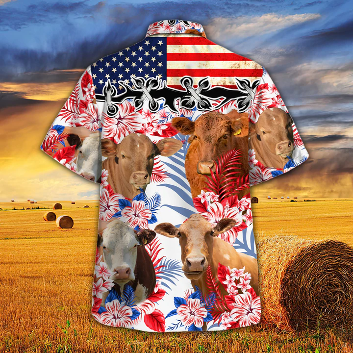 Beefmaster Cattle Lovers American Flag Hawaiian Shirt, Cow Hawaiian shirt vintage flower, Hawaiian shirt men, Hawaiian shirt women HO2620