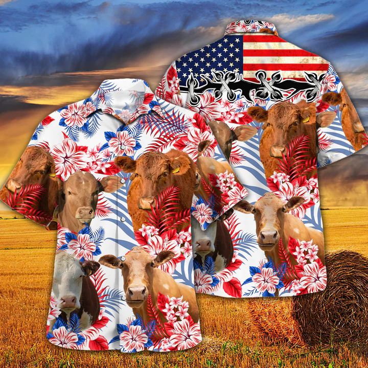 Beefmaster Cattle Lovers American Flag Hawaiian Shirt, Cow Hawaiian shirt vintage flower, Hawaiian shirt men, Hawaiian shirt women HO2620