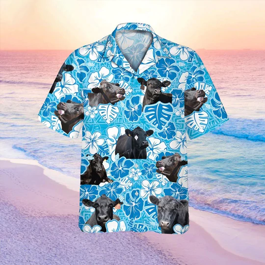 Black Angus Blue Floral Hawaiian Shirt, Cow Hawaii Shirt, Cow Lovers Shirt For Men HO2219