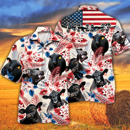 Black Angus Cattle Lovers American Flag Hawaiian Shirt, Cow Hawaiian shirt vintage flower, Hawaiian shirt men, Hawaiian shirt women HO0008