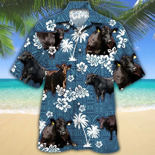 Black Angus Cattle Lovers Blue Tribal Hawaiian Shirt HO1593