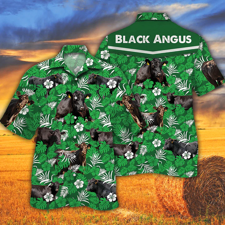 Cow Lover Hawaiian Shirts for Men women - Black Angus Cattle Lovers Green Floral Pattern Hawaiian Shirt HO2544