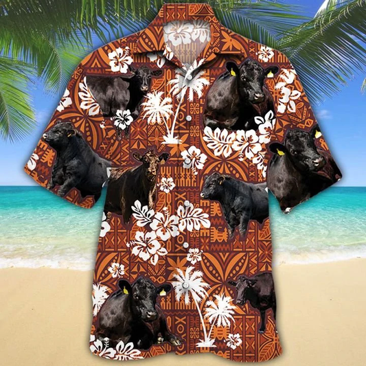 Black Angus Cattle Lovers Red Tribal Hawaiian Shirt Men, Cow Short Sleeve Hawaiian Aloha Shirt HO2513