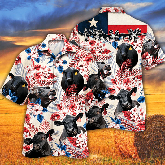 Black Angus Cattle Lovers Texas Flag Hawaiian Shirt, Cow Hawaiian shirt vintage flower, Hawaiian shirt men, Hawaiian shirt women HO2623