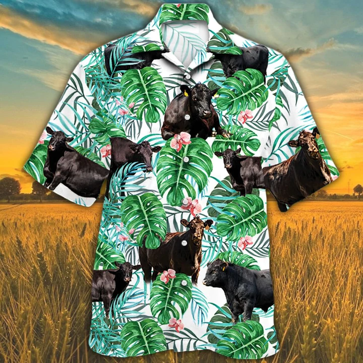 Hawaiian shirt for men, Black Angus Cattle Lovers Tropical Plant Hawaiian Shirt, Cow Summer Hawaiian Shirt HO2549