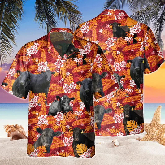 Black Angus Red Orange Floral Hawaiian Shirt, Cow Hawaii shirts men, Hawaiian shirt Women HO2225