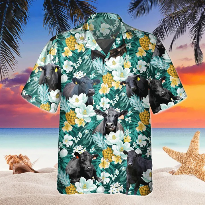 Black Angus Tropical Pineapple Fruit Hawaiian Shirt, Flowers Aloha Shirt For cow Lovers HO2222