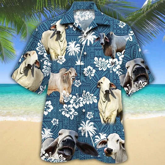 Brahman Cattle Lovers Blue Tribal Hawaiian Shirt, Cow Hawaiian shirts, Cow aloha shirt for men, Hawaii shirt woman HO2647