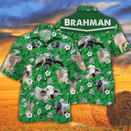 Cow Tropical Cow Men Hawaiian Shirts - Brahman Cattle Lovers Green Floral Pattern Hawaiian Shirt HO2547