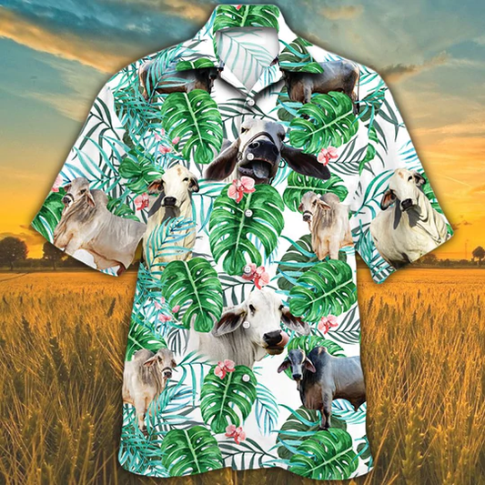 Hawaiian shirt for men, Brahman Cattle Lovers Tropical Plant Hawaiian Shirt, Cow Hawaiian shirt HO0216