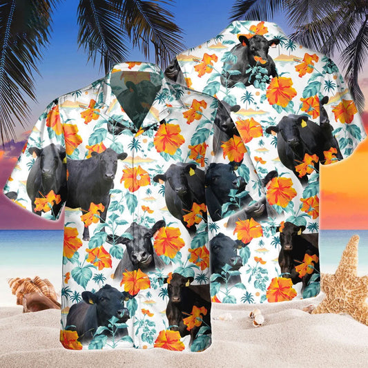 Custom Name Black Angus Hibiscus Flowers All 3D Printed Hawaiian Shirt HO5388