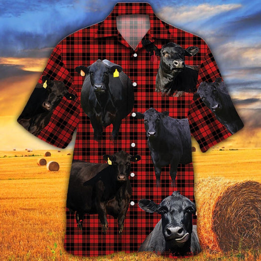 Black Angus Cattle Lovers Red Tartan Pattern Hawaiian Shirt HO0614