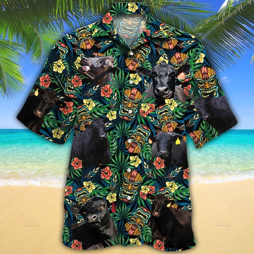 Black Angus Cattle Lovers Tribal Tiki Mask Hawaiian Shirt HO0617