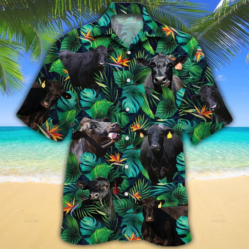 Black Angus Cattle Lovers Tropical Leaves Hawaiian Shirt HO0619