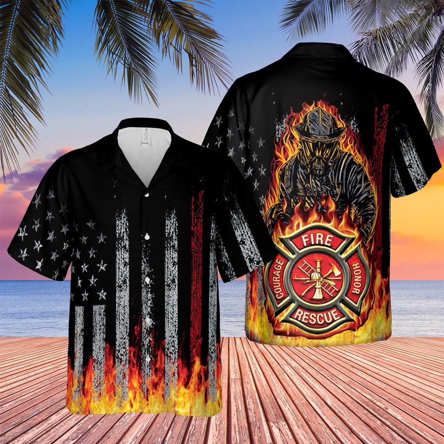 Black Flag American Firefighter Bagde Fired Hawaiian Tshirt HO2199