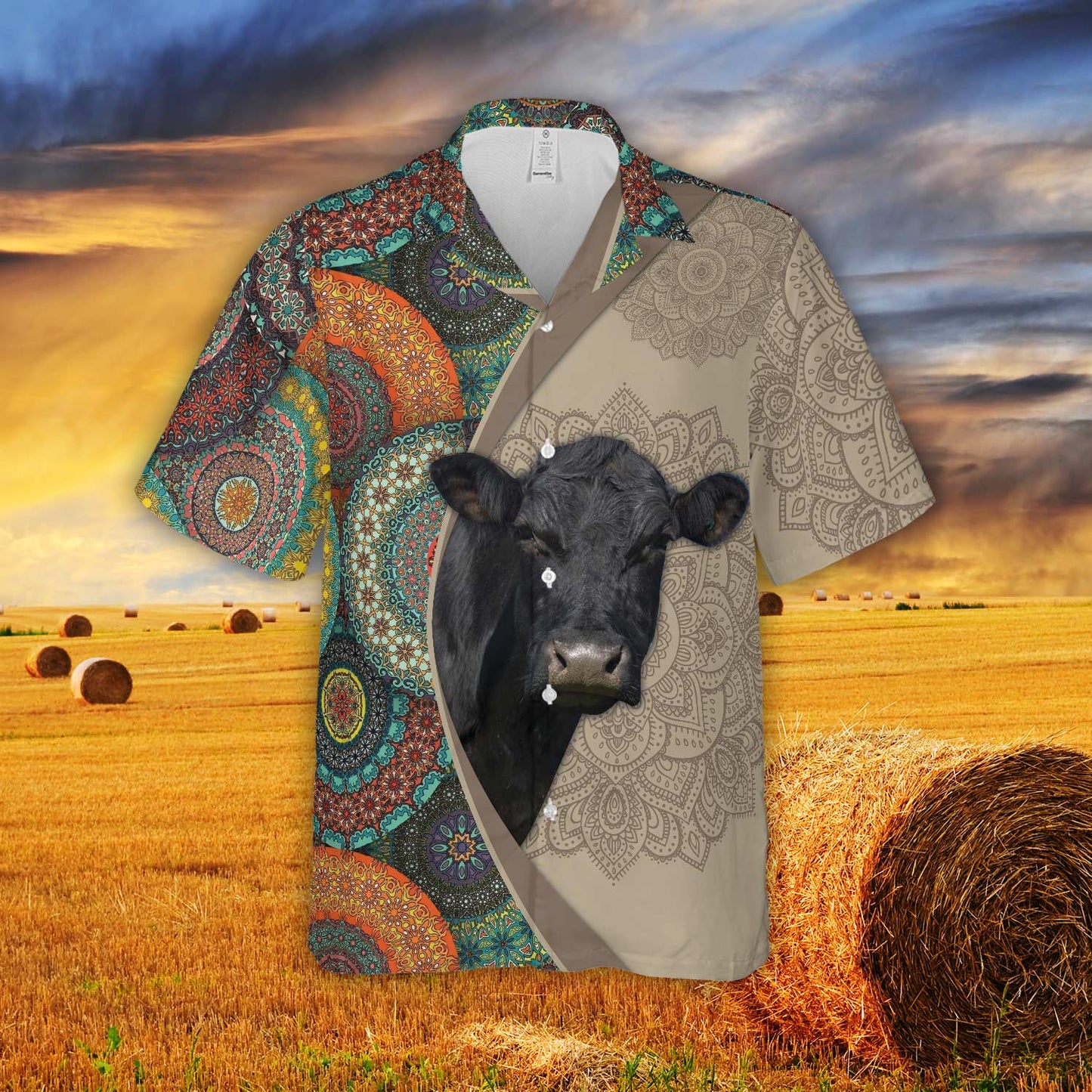 Mandala Pattern Black Angus Hawaiian Shirt Gift For Farmer HO5372