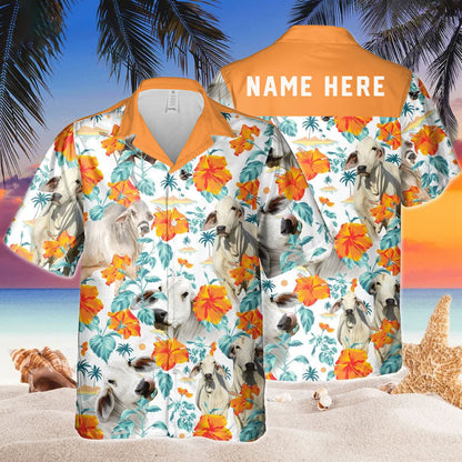 Custom Name Brahman Cow Hibiscus Flowers All 3D Printed Hawaiian Shirt HO5389