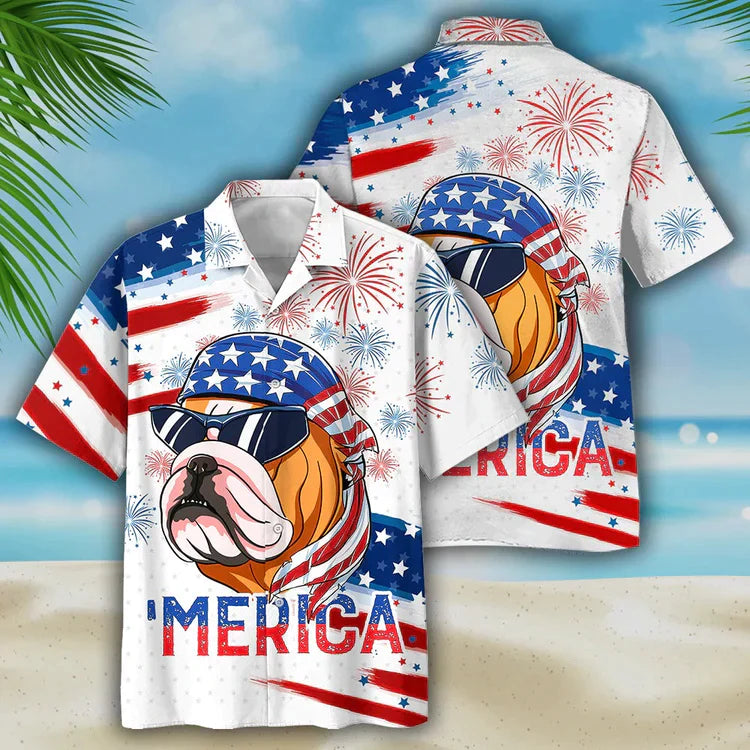 Bulldog Aloha Hawaiian Shirts For Summer, Funny Dog Merica Independence Day USA Flag Hawaiian Shirt For Men Women, 4th of July Gift For Dog Lovers HO3734