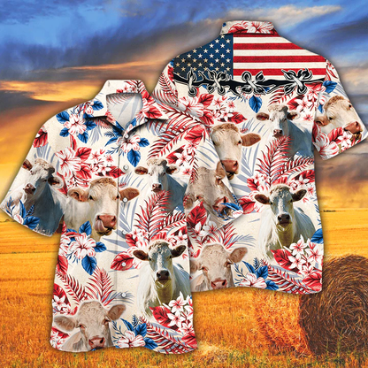 Charolais Cattle Lovers American Flag Hawaiian Shirt, Cow Flower aloha Hawaiian shirt, Cow Hawaiian shirt vintage, Hawaiian shirt men HO2610