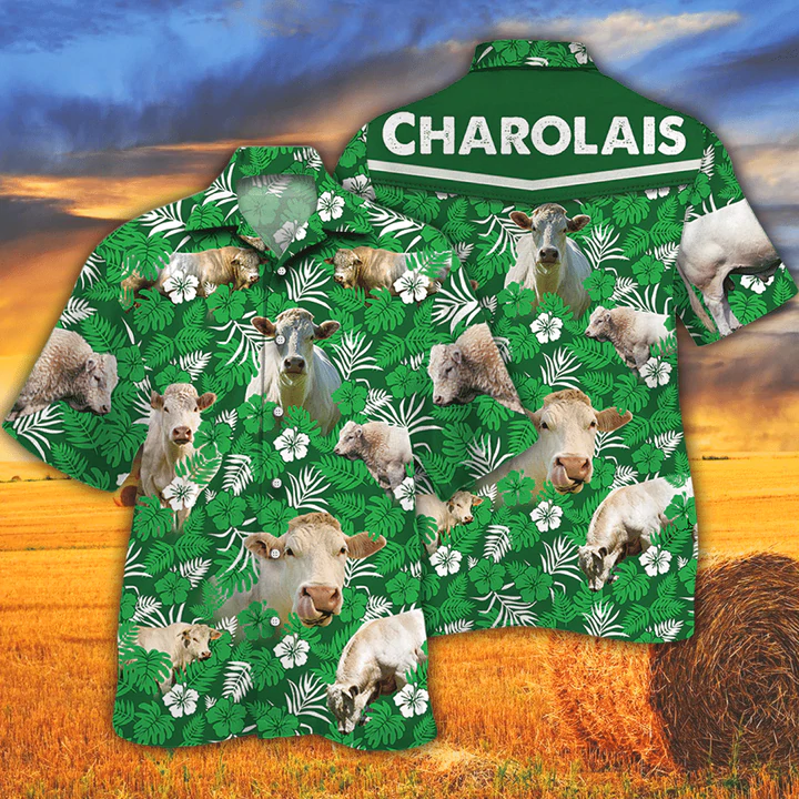 Cow Hawaiian Shirts for Men Women - Charolais Cattle Lovers Green Floral Pattern Hawaiian Shirt HO2546