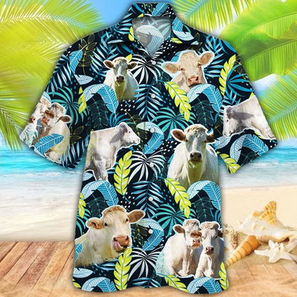 Charolais Cattle Lovers Jungle Leaves Hawaiian Shirt, Cow Flower aloha shirt, Hawaiian shirt Men, Women HO2607