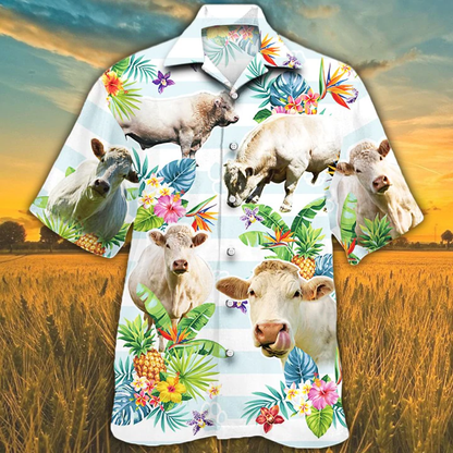 Charolais Cattle Hawaiian shirts for men, women, Cow Lovers Tropical Flower Hawaiian Shirt HO2553