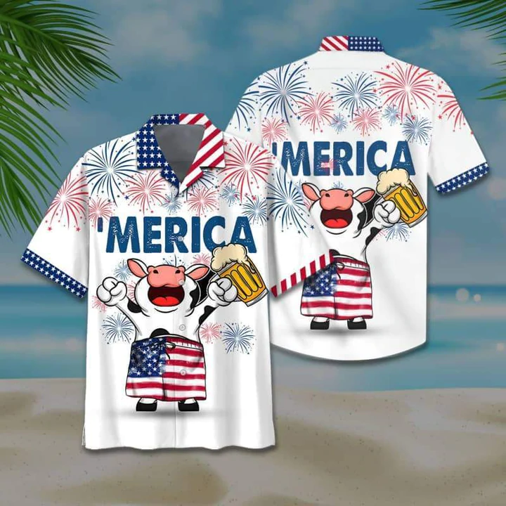 Cow And Beer 4th of july Hawaiian Shirt, American flag Hawaiian shirts for men, Women HO2472