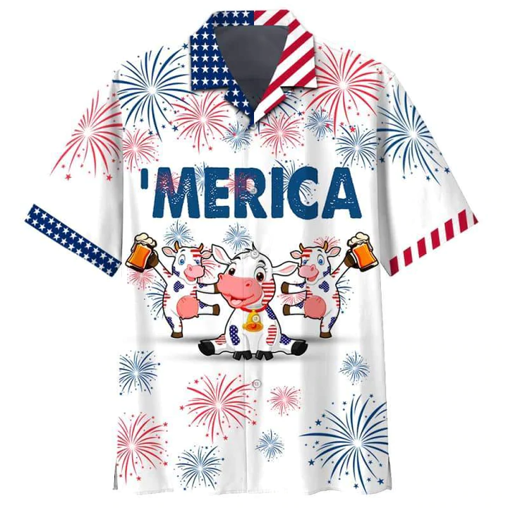 Cow And Beer 4th of july Hawaiian Shirt, Cow American flag Hawaiian shirts for men, Women HO2471