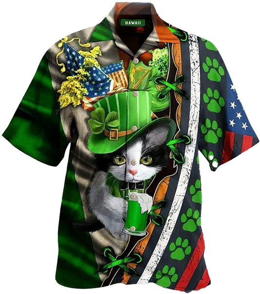 Cat St Patrick's Day Hawaiian Shirt, Shamrock Shirt, Irish hawaiian Shirt PO0143