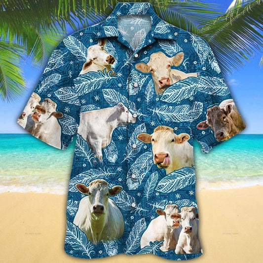 Charolais Cattle Lovers Blue Feather Hawaiian Shirt HO0589