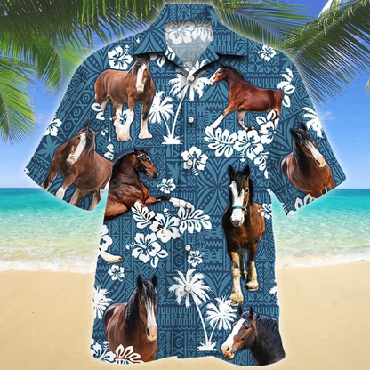 Clydesdale Horse And Hibiscus On Blue Tribal Pattern Hawaiian Shirt HO1608