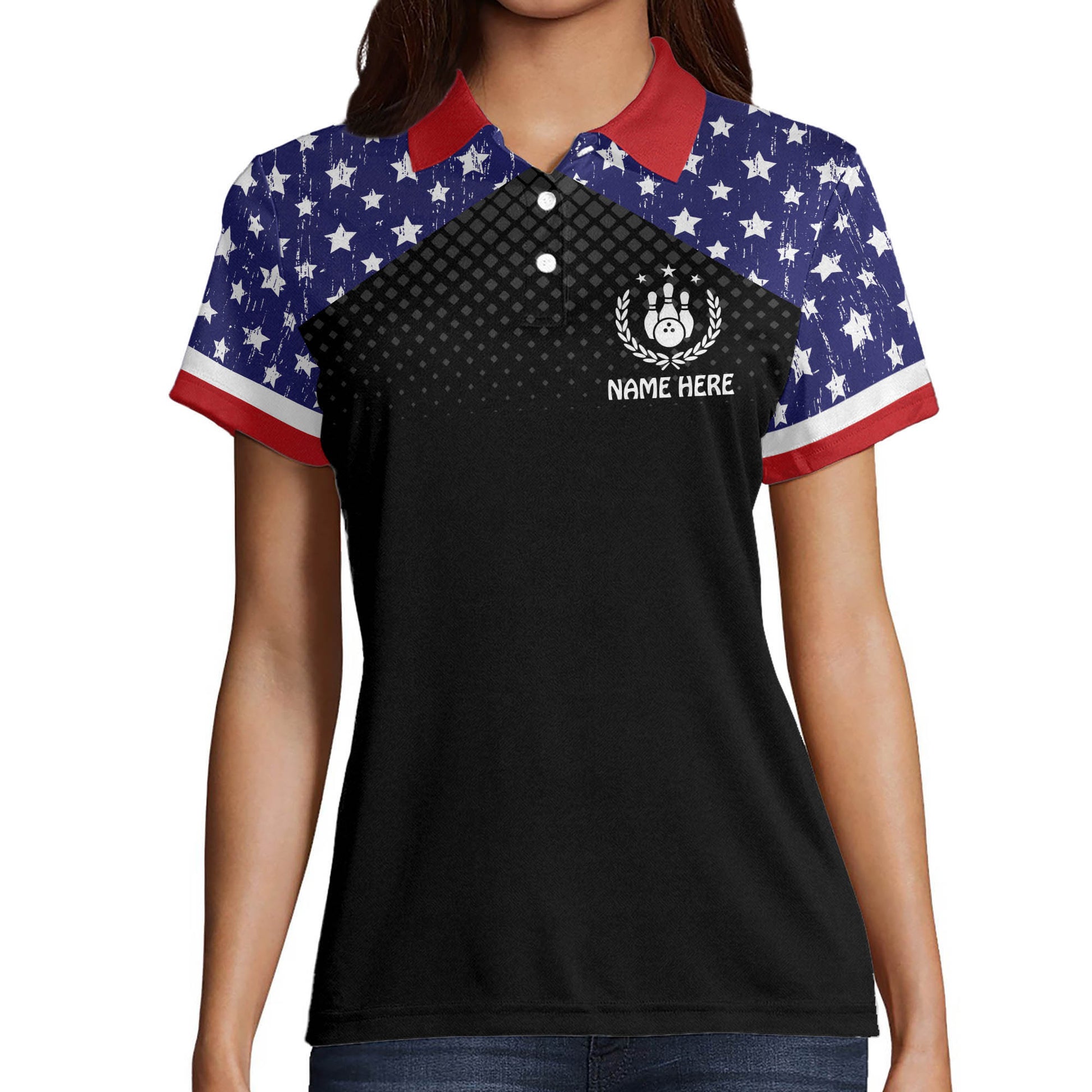 Custom Name Bowling Shirts For Women American Flag Patriotic Bowling Ball &  Pins White Womens Polo Shirts