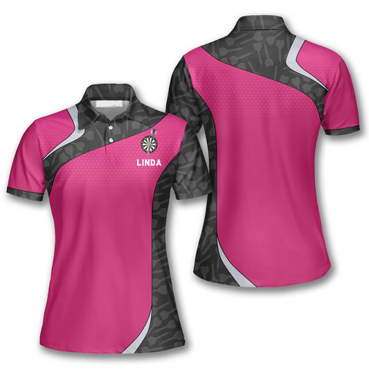 Dart Arrows Black Pink Custom Darts Shirts for Women, Personalized Name Dart Polo Shirt DMO0115