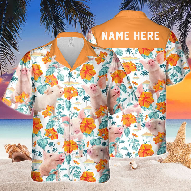 Custom Name Funny Pig Hibiscus Flowers All 3D Printed Hawaiian Shirt HO5392